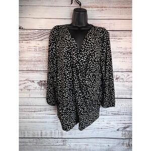 Talbots XL Black White Polka Dot Long Sleeve Twist Front Blouse Top Drapey